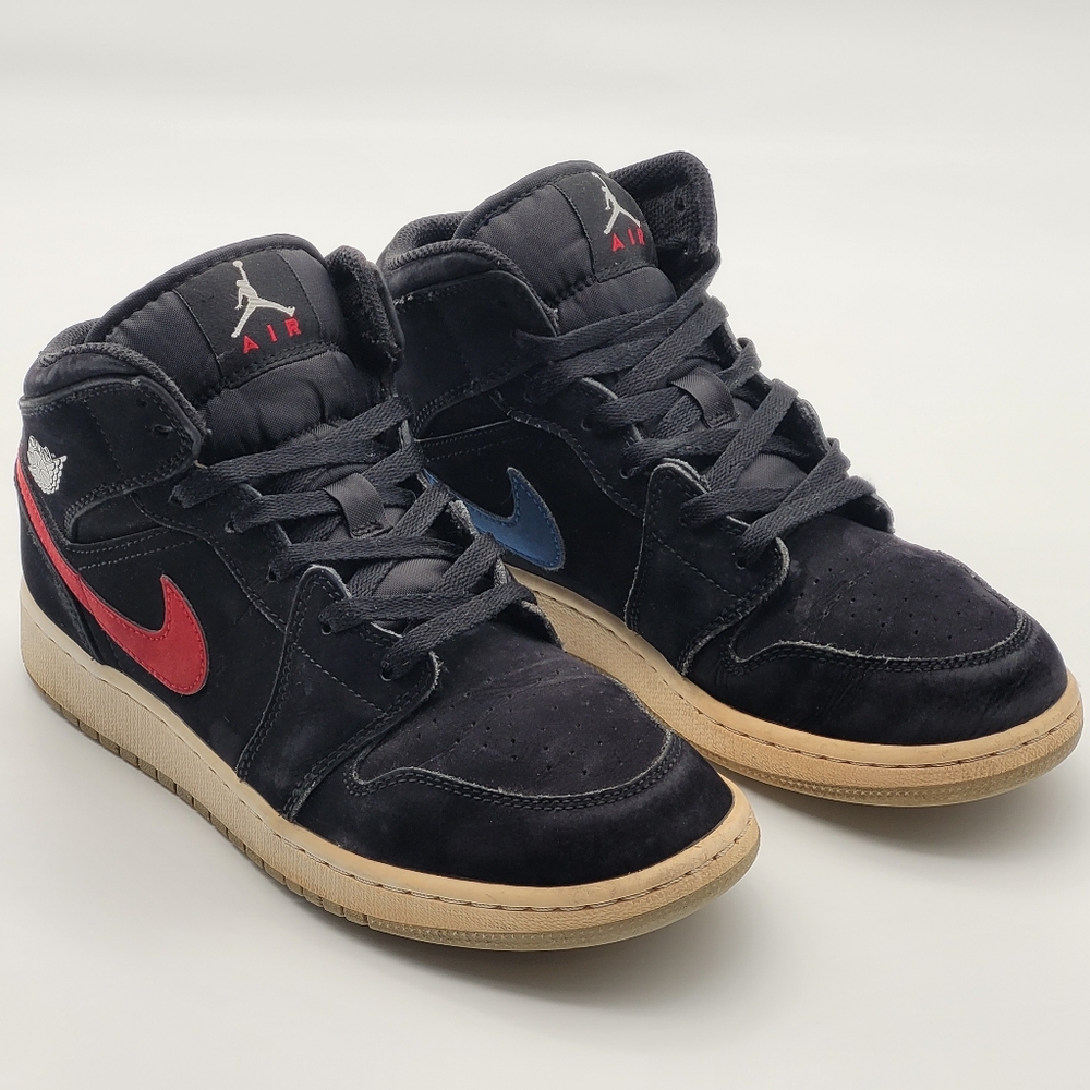 Air Jordan 1 Mid Multi-Color Swoosh Black Red Blue Size 7 US